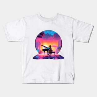 Synthwave Serenade: Caramel Shiba Piano Player Kids T-Shirt